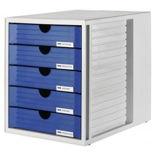 Art.-Nr. 343524<br>HAN Schubladenbox Systembox 1450-14 mit 5 Laden DIN A4/C4 lichtgrau-blau