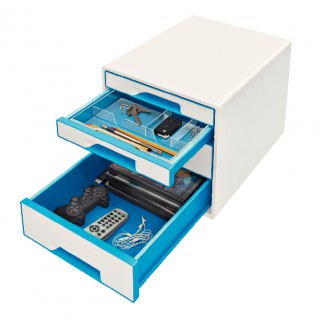 Art.-Nr. 343577<br>LEITZ Schubladenbox WOW Cube 5213 mit 4 Laden weiß/blau
